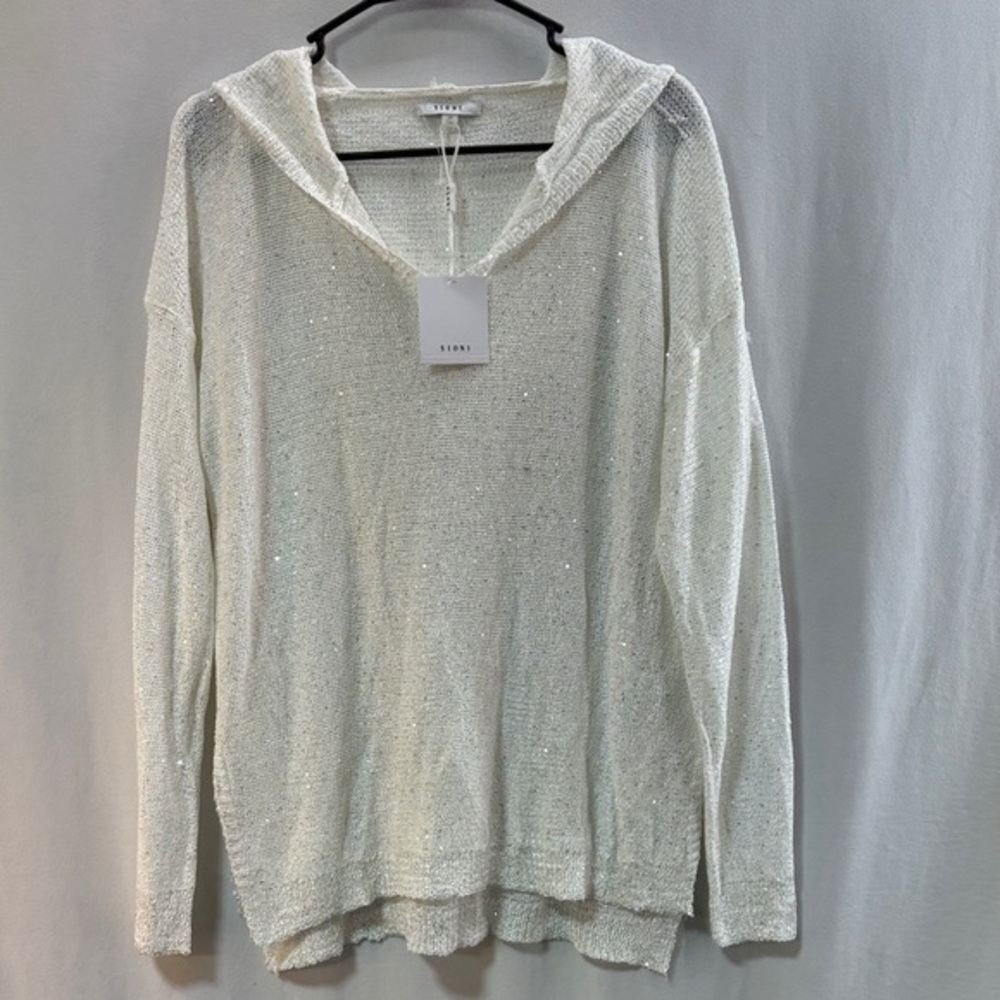 Sioni Shimmering eggshell hooded pullover knitted rayon blend sweater shirt M